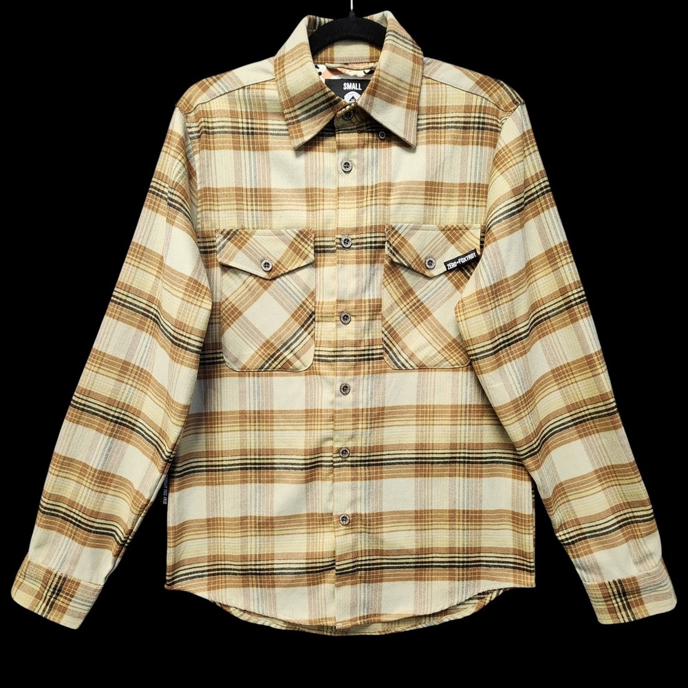 Zero Foxtrot Flannel Shirt Mens Small Long Sleeve Stay Zero Brown Plaid Button‎